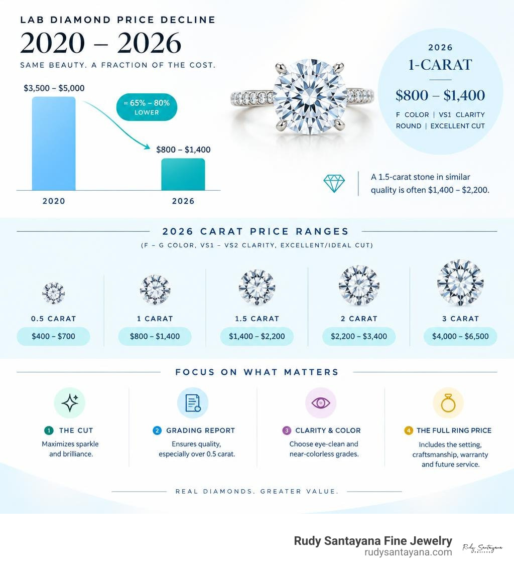 2020 to 2026 lab diamond price decline and 2026 carat price ranges infographic