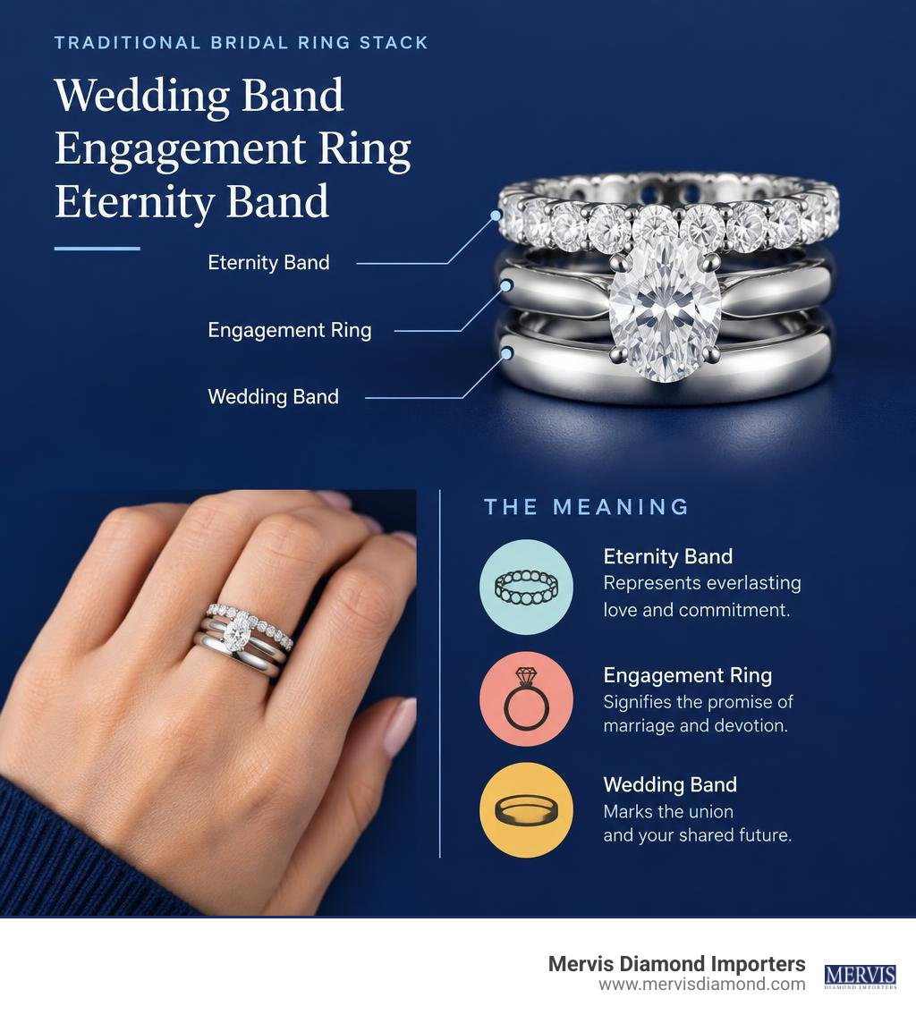 Traditional bridal ring stack: wedding band, engagement ring, eternity band infographic Traditional bridal ring stack: wedding band, engagement ring, eternity band infographic
