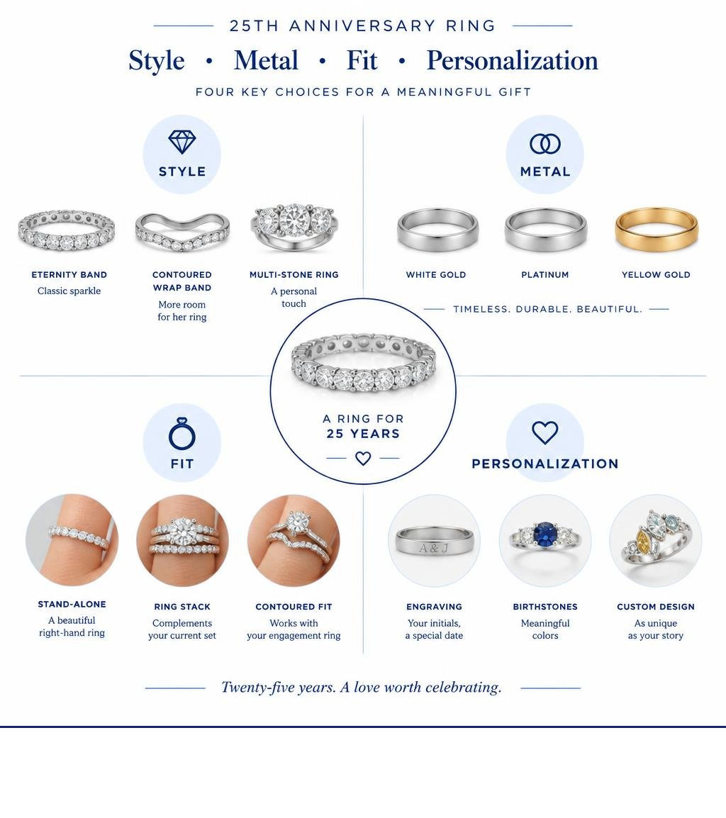 Infographic showing 25th anniversary ring style, metal, fit, and personalization choices infographic Infographic showing 25th anniversary ring style, metal, fit, and personalization choices infographic