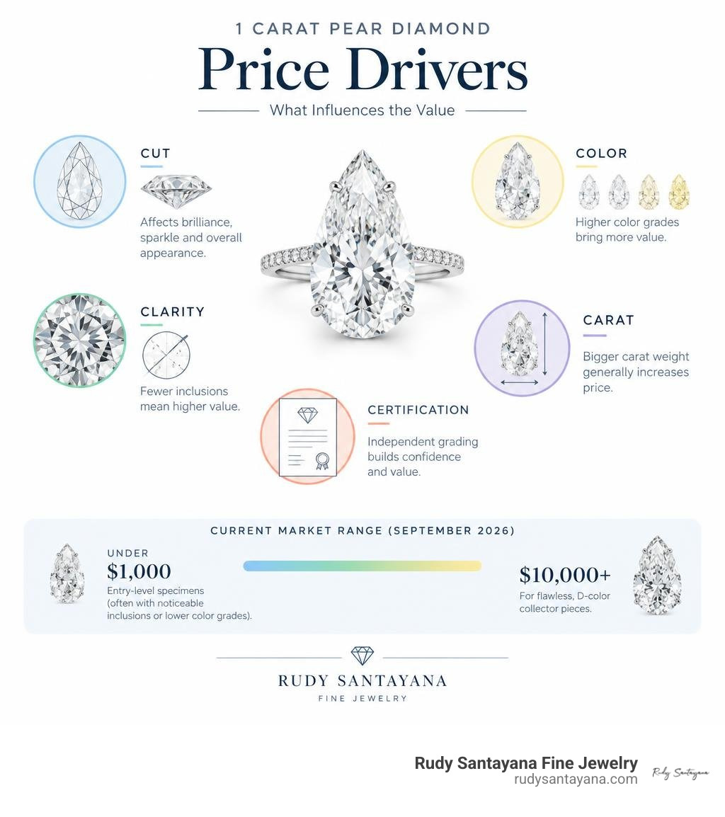 1 carat pear diamond price drivers: cut, color, clarity, carat, and certification infographic 1 carat pear diamond price drivers: cut, color, clarity, carat, and certification infographic