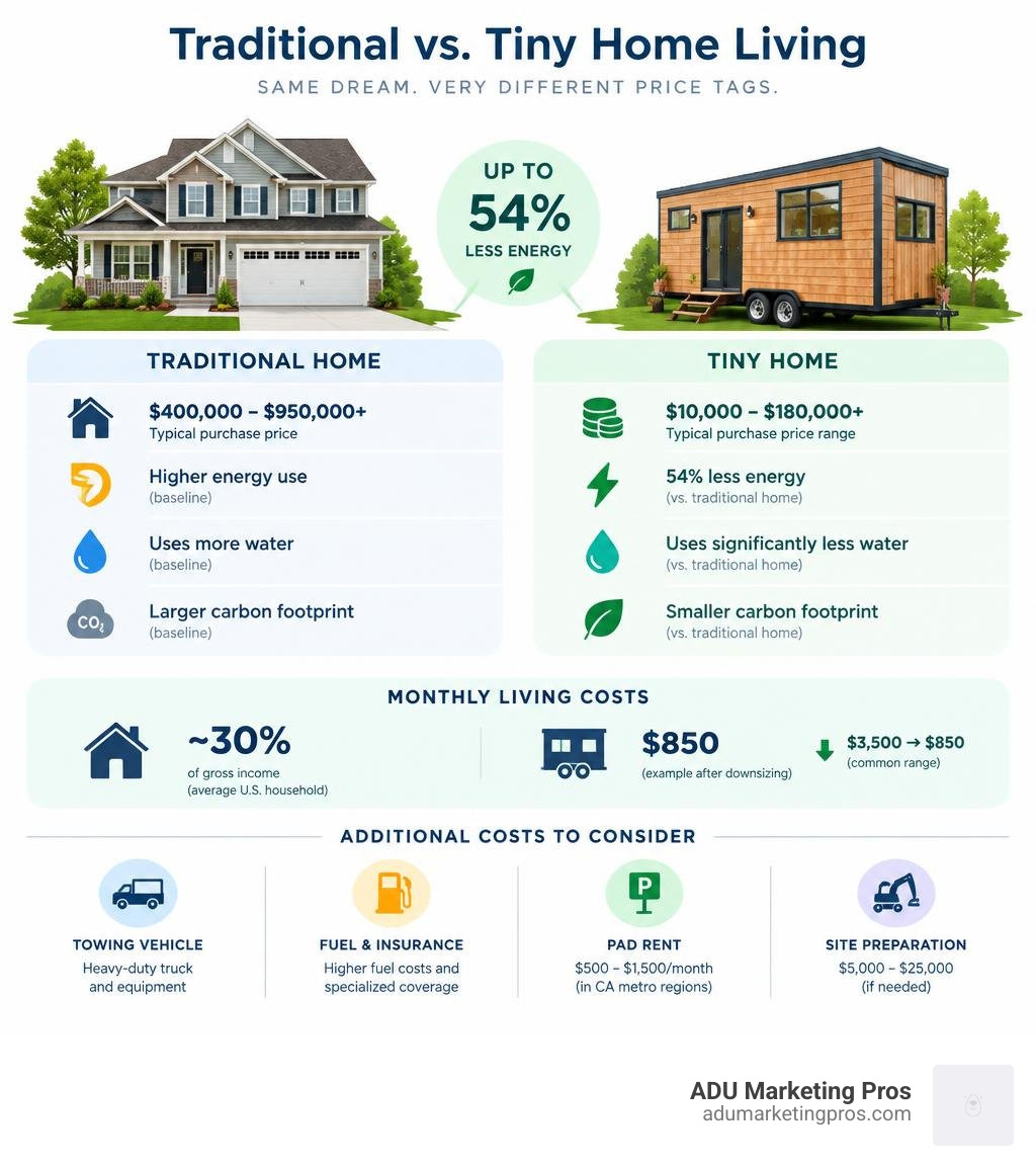 Cost comparison of traditional versus tiny home living infographic