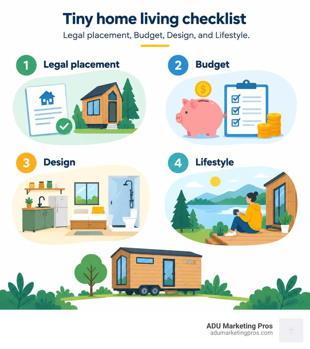 Tiny home living checklist: legal placement, budget, design, and lifestyle infographic