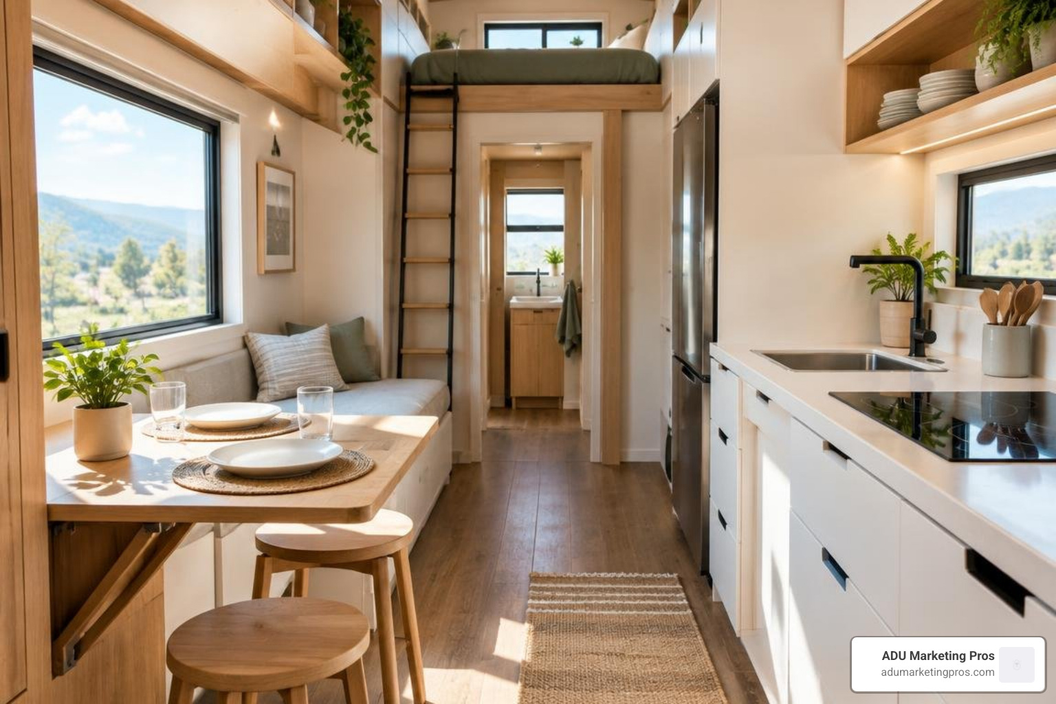 Modern interior of a tiny home with multi-functional furniture