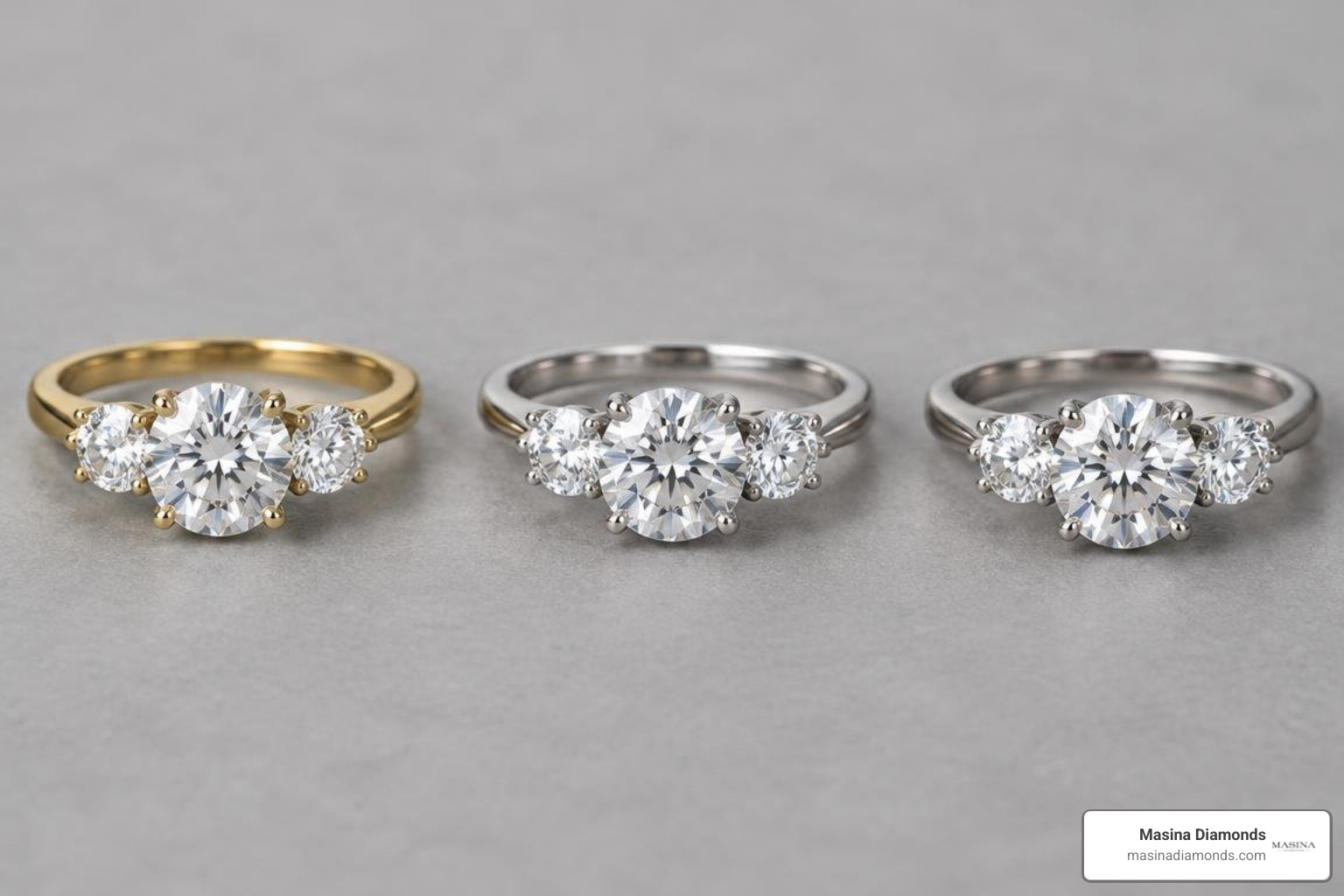 Yellow gold, white gold, and platinum three-stone ring settings side by side