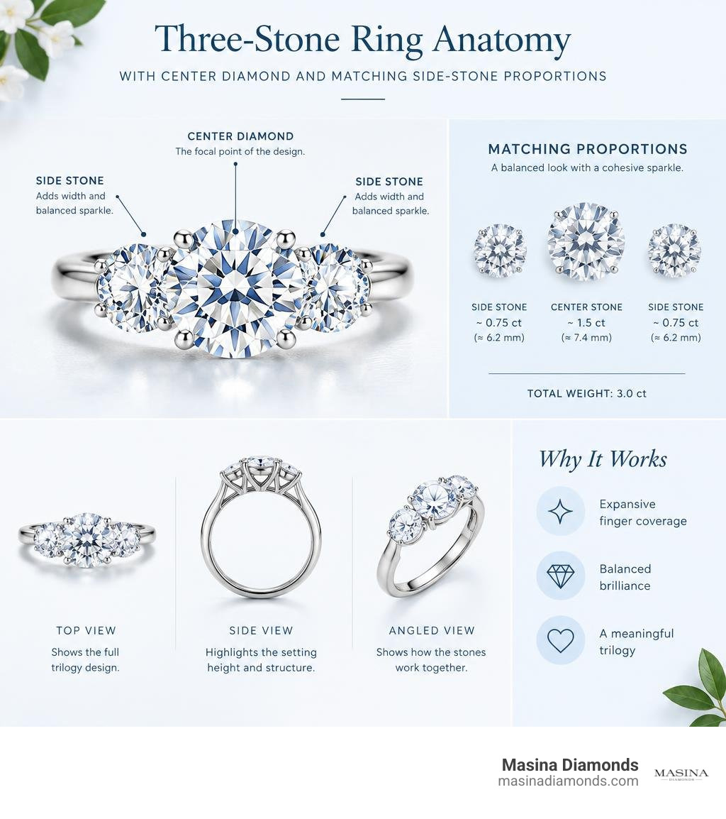 Three-stone ring anatomy with center diamond and matching side-stone proportions infographic