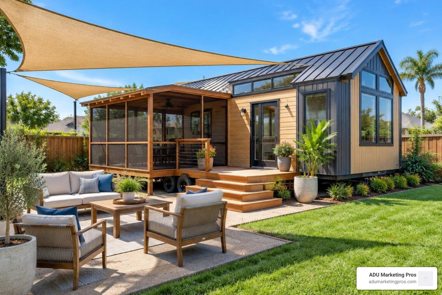 Exterior view of a tiny home with a screened porch and outdoor living patio