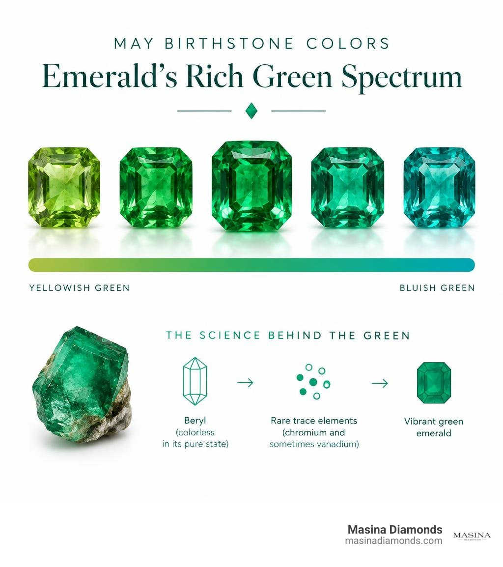 May emerald color spectrum from yellowish green to bluish green infographic