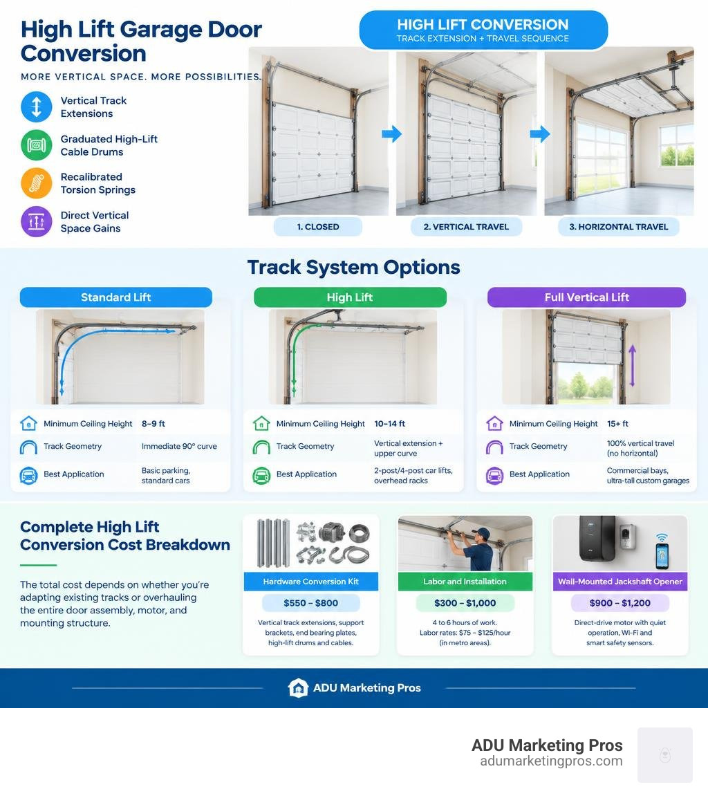 Cost breakdown for high lift garage door conversion components infographic