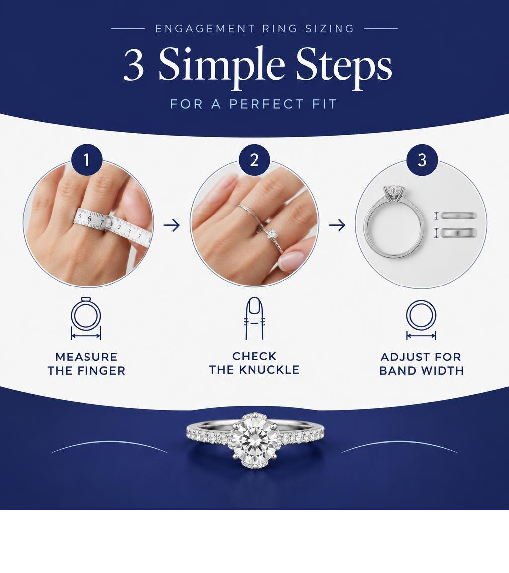 Engagement ring sizing steps: measure finger, check knuckle, adjust for band width infographic