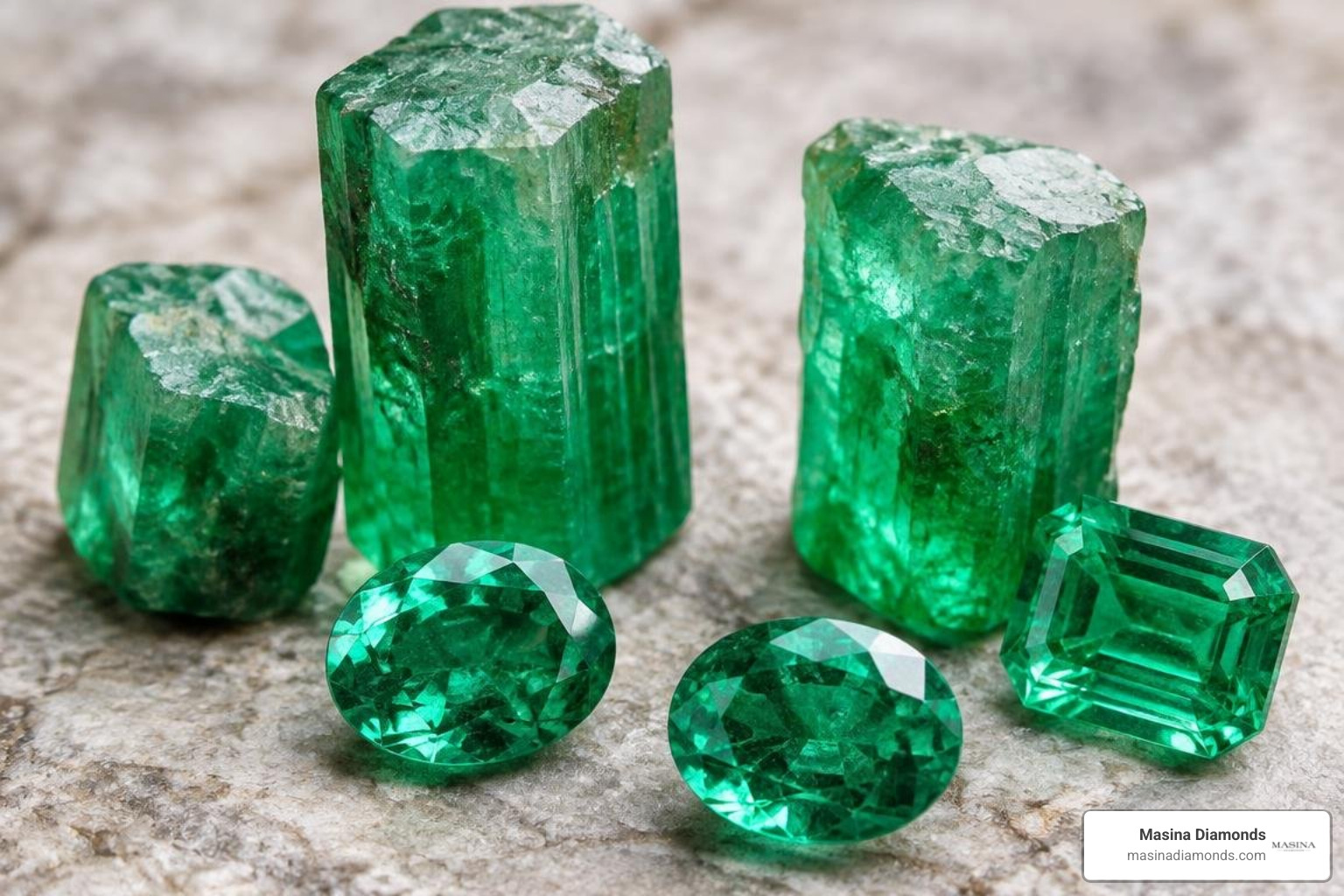 raw and faceted emeralds showing natural crystal growth