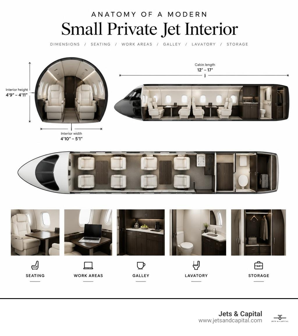 Light jet cabin dimensions, seating, work areas, galley, lavatory, and storage infographic Light jet cabin dimensions, seating, work areas, galley, lavatory, and storage infographic
