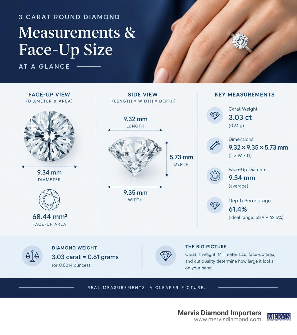 3 carat round diamond measurements and face-up size infographic infographic 3 carat round diamond measurements and face-up size infographic infographic