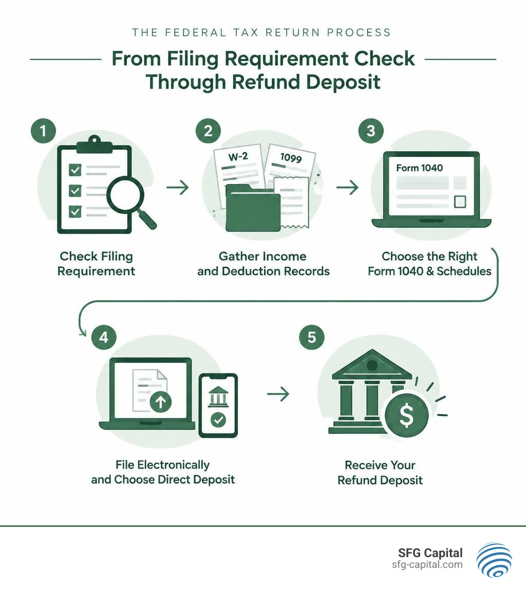 Federal tax return process from filing requirement check through refund deposit infographic Federal tax return process from filing requirement check through refund deposit infographic