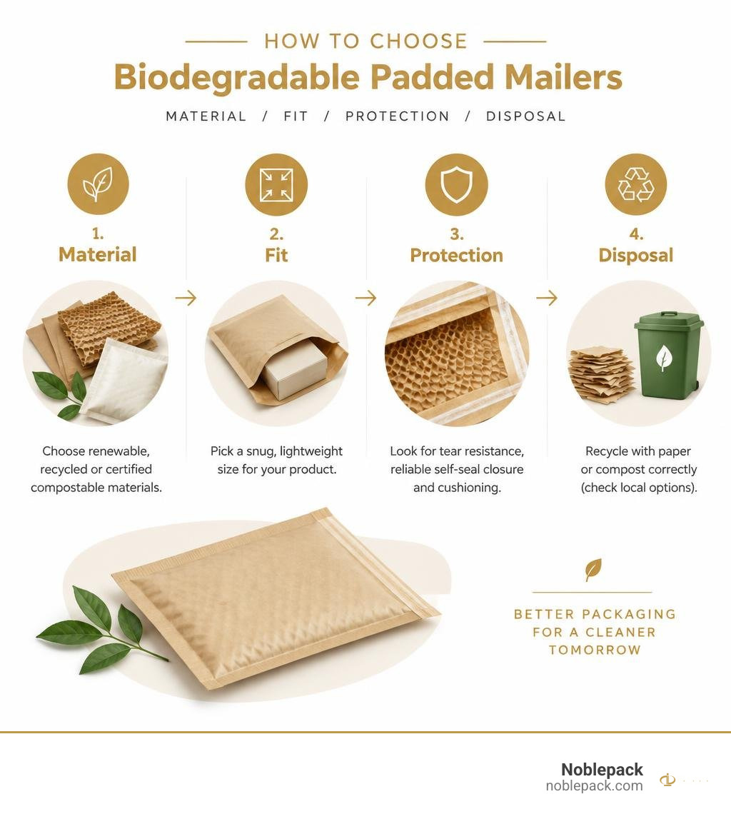 How to choose biodegradable padded mailers: material, fit, protection, and disposal infographic