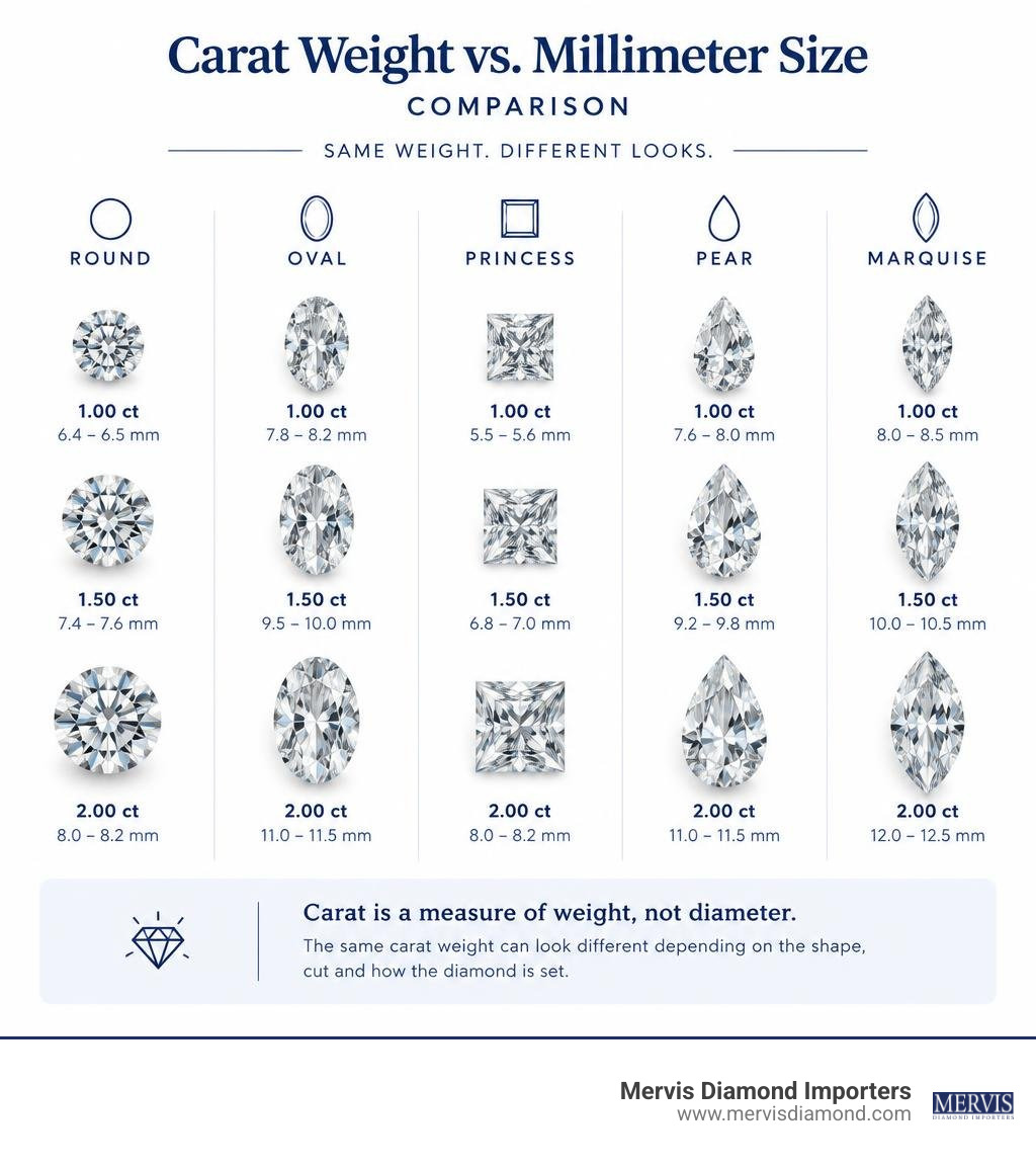 Carat weight versus millimeter size comparison for round, oval, princess, pear, and marquise diamonds infographic Carat weight versus millimeter size comparison for round, oval, princess, pear, and marquise diamonds infographic