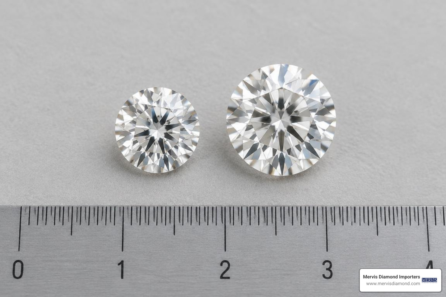 1-carat round diamond measuring 6.5mm next to a 2-carat diamond measuring 8.2mm 1-carat round diamond measuring 6.5mm next to a 2-carat diamond measuring 8.2mm
