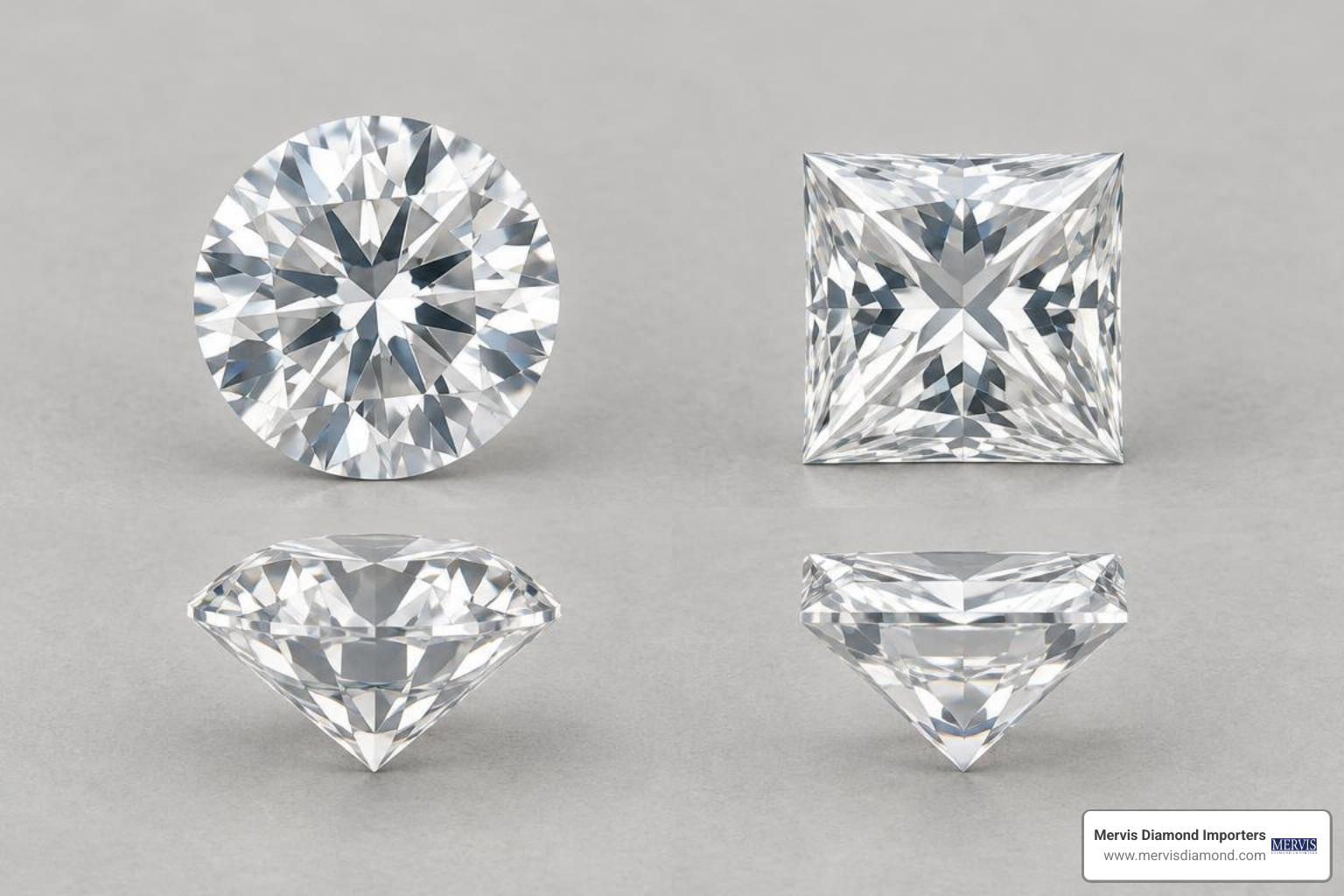 Round brilliant diamond profile compared to princess cut face-up dimensions Round brilliant diamond profile compared to princess cut face-up dimensions