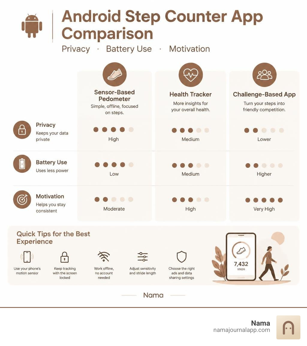 Android step counter app comparison by privacy features battery use and motivation infographic