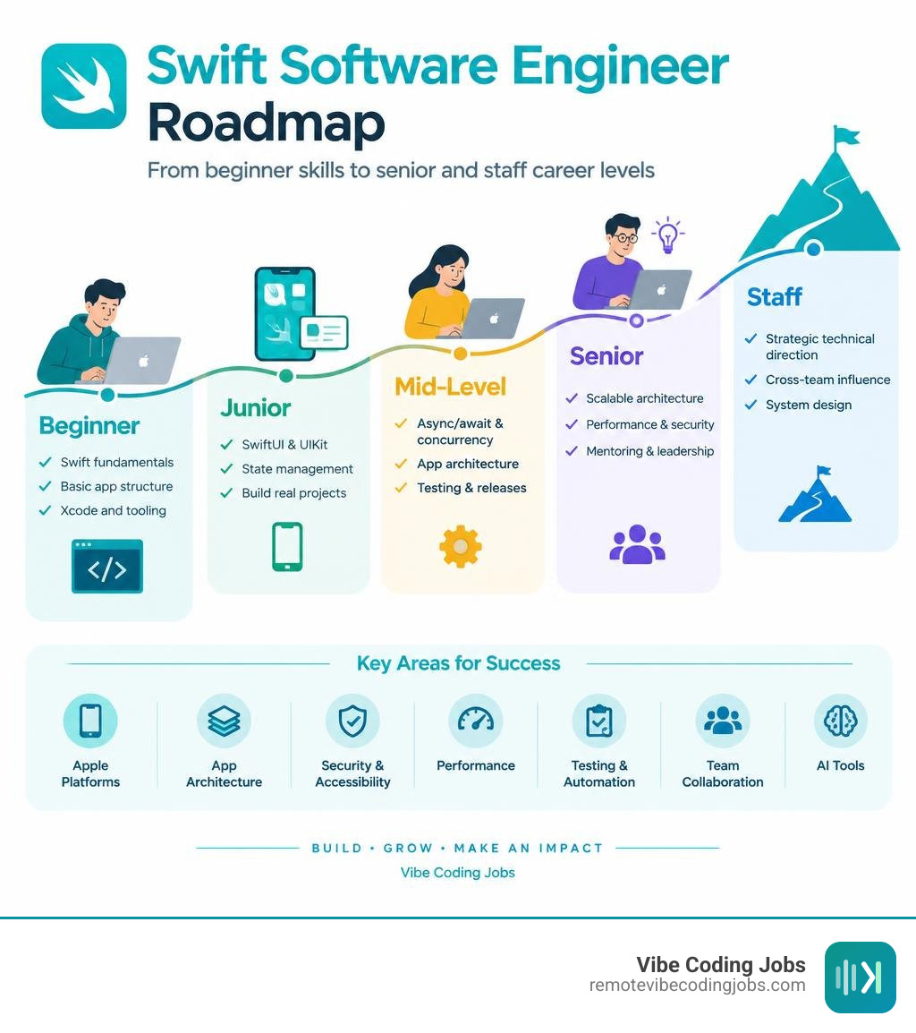 Swift software engineer roadmap from beginner skills to senior and staff career levels infographic