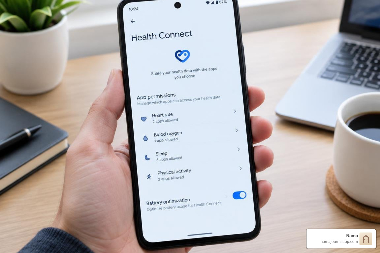 Android settings showing Health Connect permissions and battery optimization