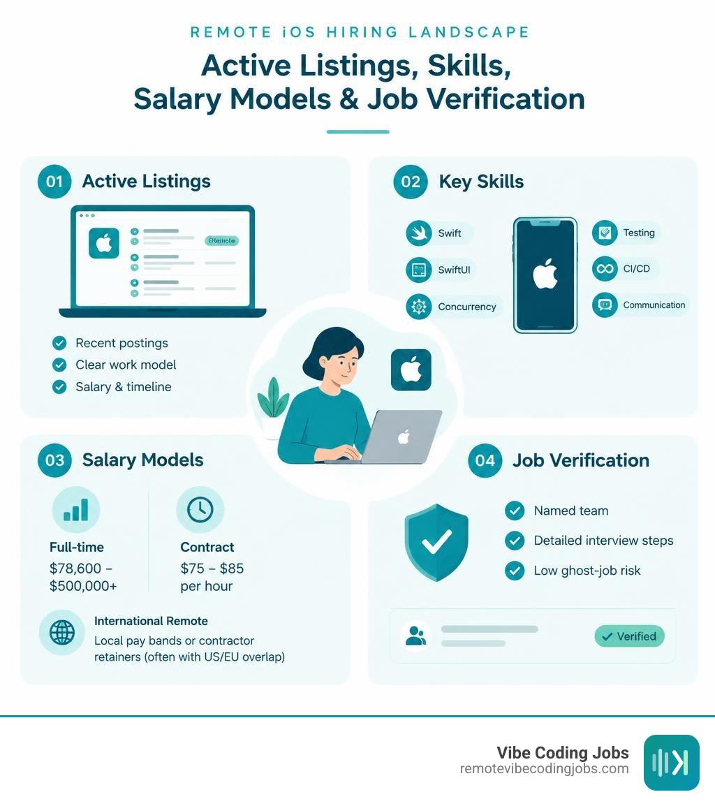 Remote iOS hiring landscape: active listings, skills, salary models, and job verification infographic