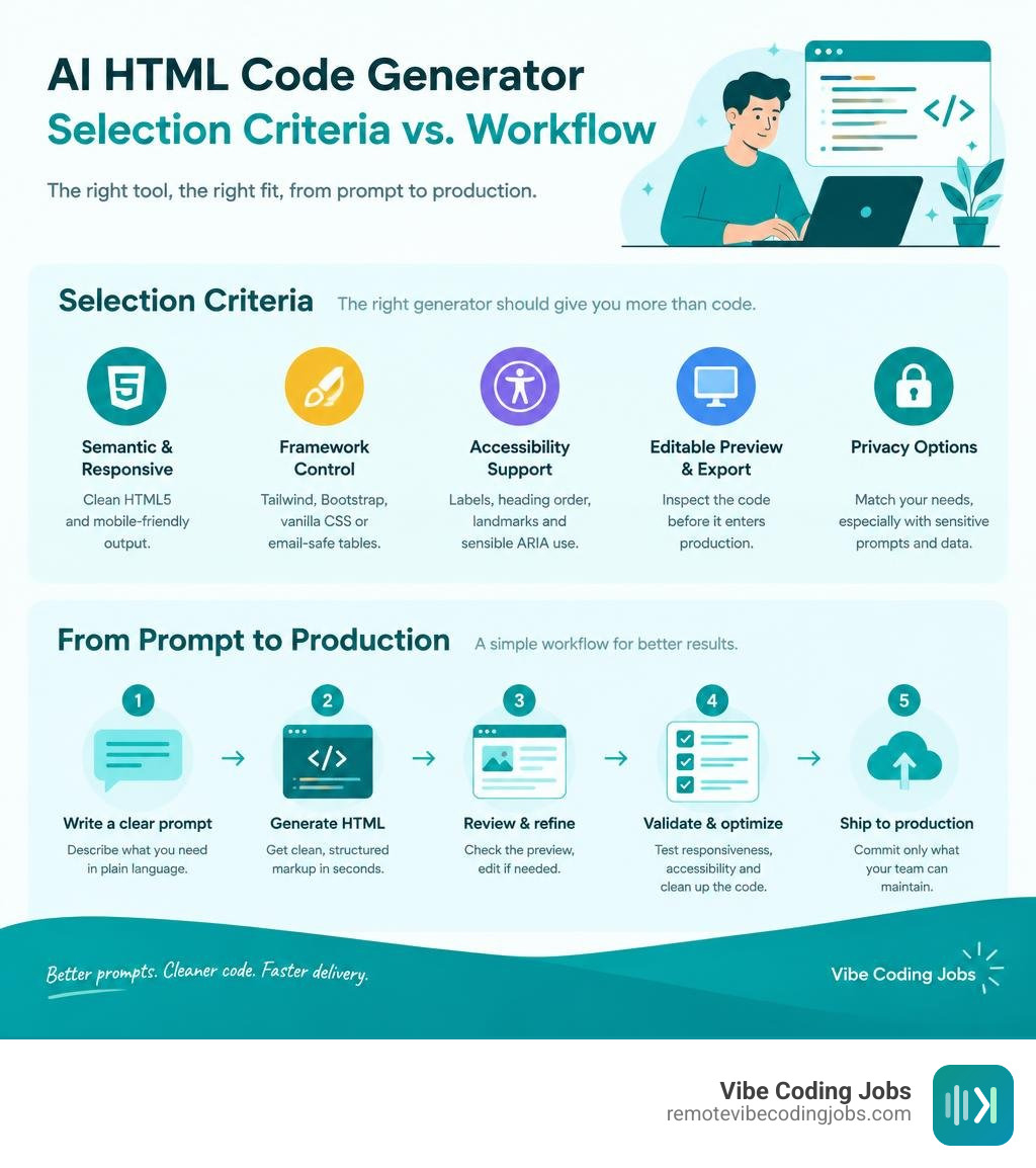 Infographic comparing AI HTML generator selection criteria and prompt to production workflow infographic