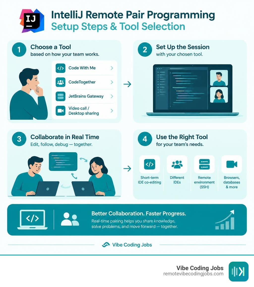 IntelliJ remote pair programming setup steps and tool selection infographic IntelliJ remote pair programming setup steps and tool selection infographic