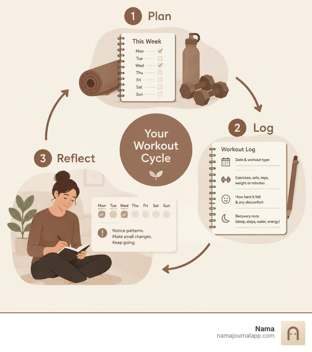 Workout planning logging and weekly reflection cycle infographic Workout planning logging and weekly reflection cycle infographic