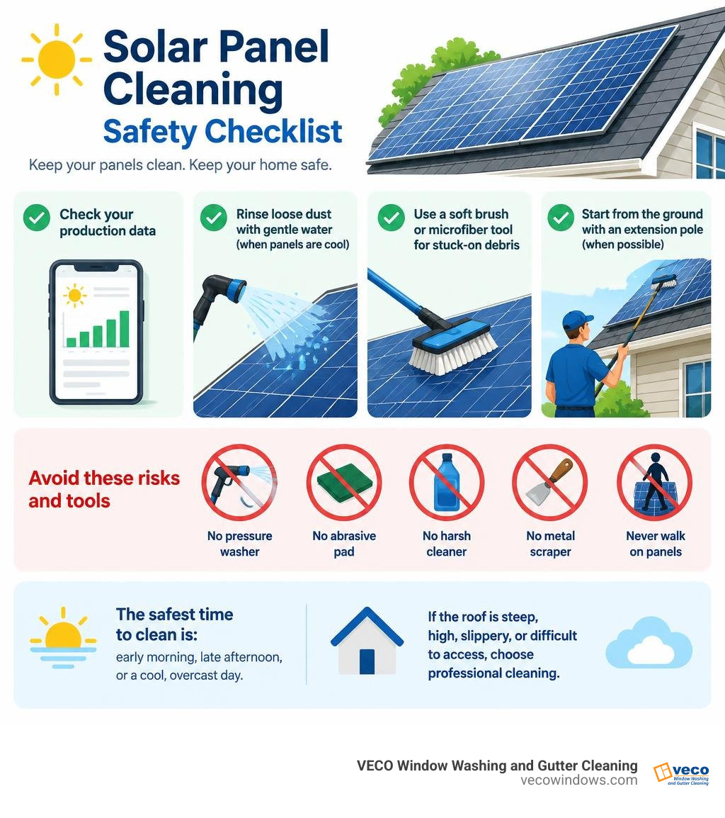Solar panel cleaning safety checklist infographic