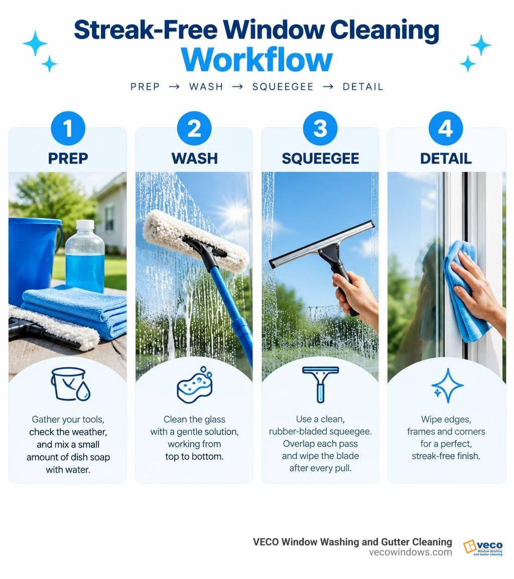 Streak-free window cleaning workflow: prep, wash, squeegee, detail infographic