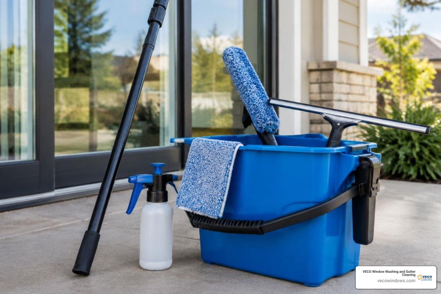 Professional window cleaning equipment and bucket setup