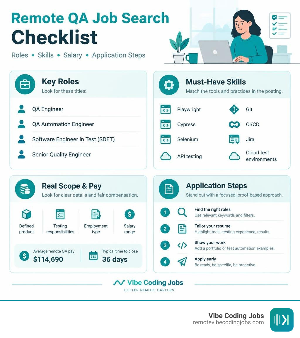 Remote QA job search checklist with roles skills salary and application steps infographic Remote QA job search checklist with roles skills salary and application steps infographic