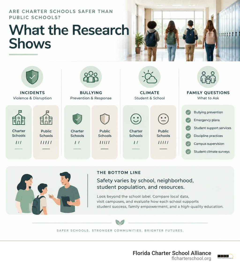 Charter and public school safety comparison: incidents, bullying, climate, and family questions infographic Charter and public school safety comparison: incidents, bullying, climate, and family questions infographic