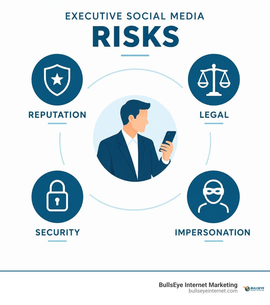 Infographic showing reputation legal security and impersonation risks for executive social media infographic Infographic showing reputation legal security and impersonation risks for executive social media infographic