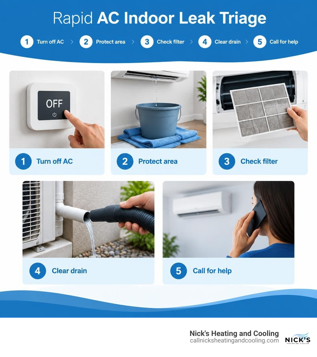 Rapid AC indoor leak triage: turn off AC, protect area, check filter, clear drain, call for help infographic Rapid AC indoor leak triage: turn off AC, protect area, check filter, clear drain, call for help infographic