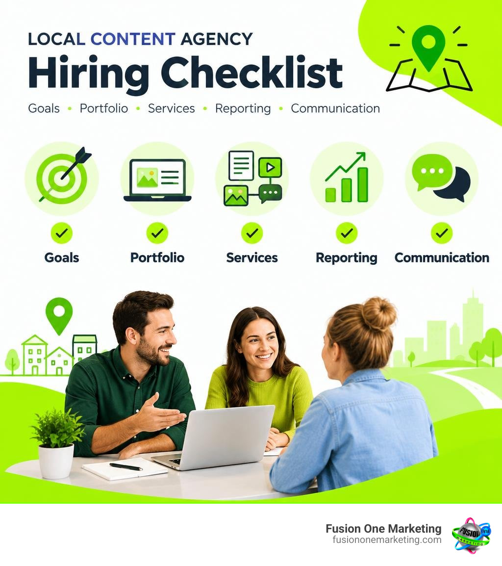 Local content agency hiring checklist: goals, portfolio, services, reporting, and communication infographic