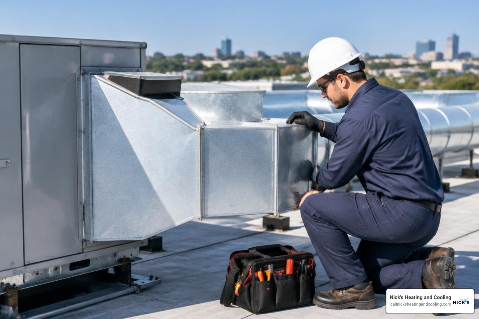 commercial HVAC technician inspecting rooftop equipment ductwork commercial HVAC technician inspecting rooftop equipment ductwork