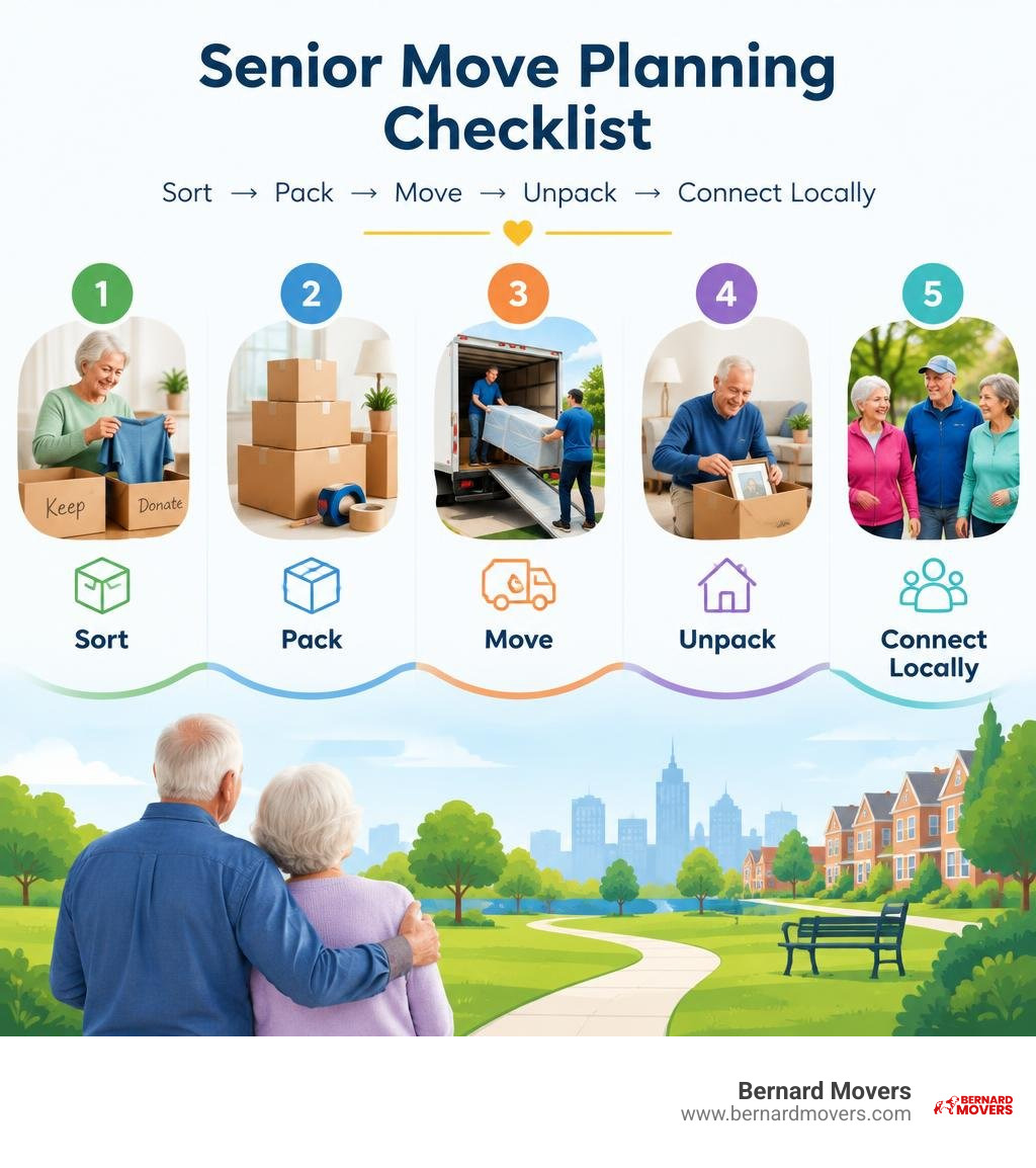Senior move planning checklist: sort, pack, move, unpack, connect locally infographic Senior move planning checklist: sort, pack, move, unpack, connect locally infographic