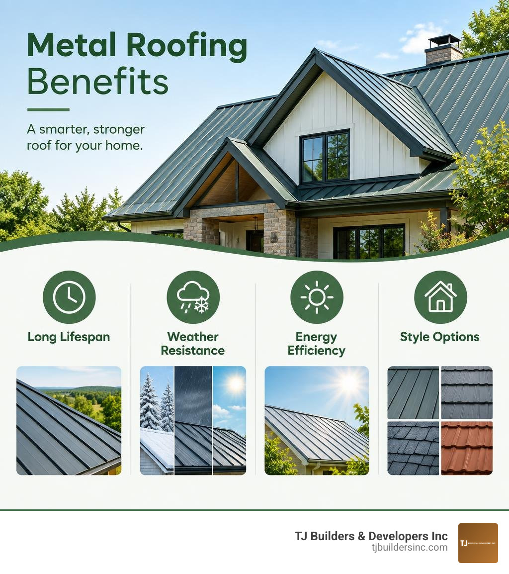 Metal roofing benefits: long lifespan, weather resistance, energy efficiency, and style options infographic Metal roofing benefits: long lifespan, weather resistance, energy efficiency, and style options infographic