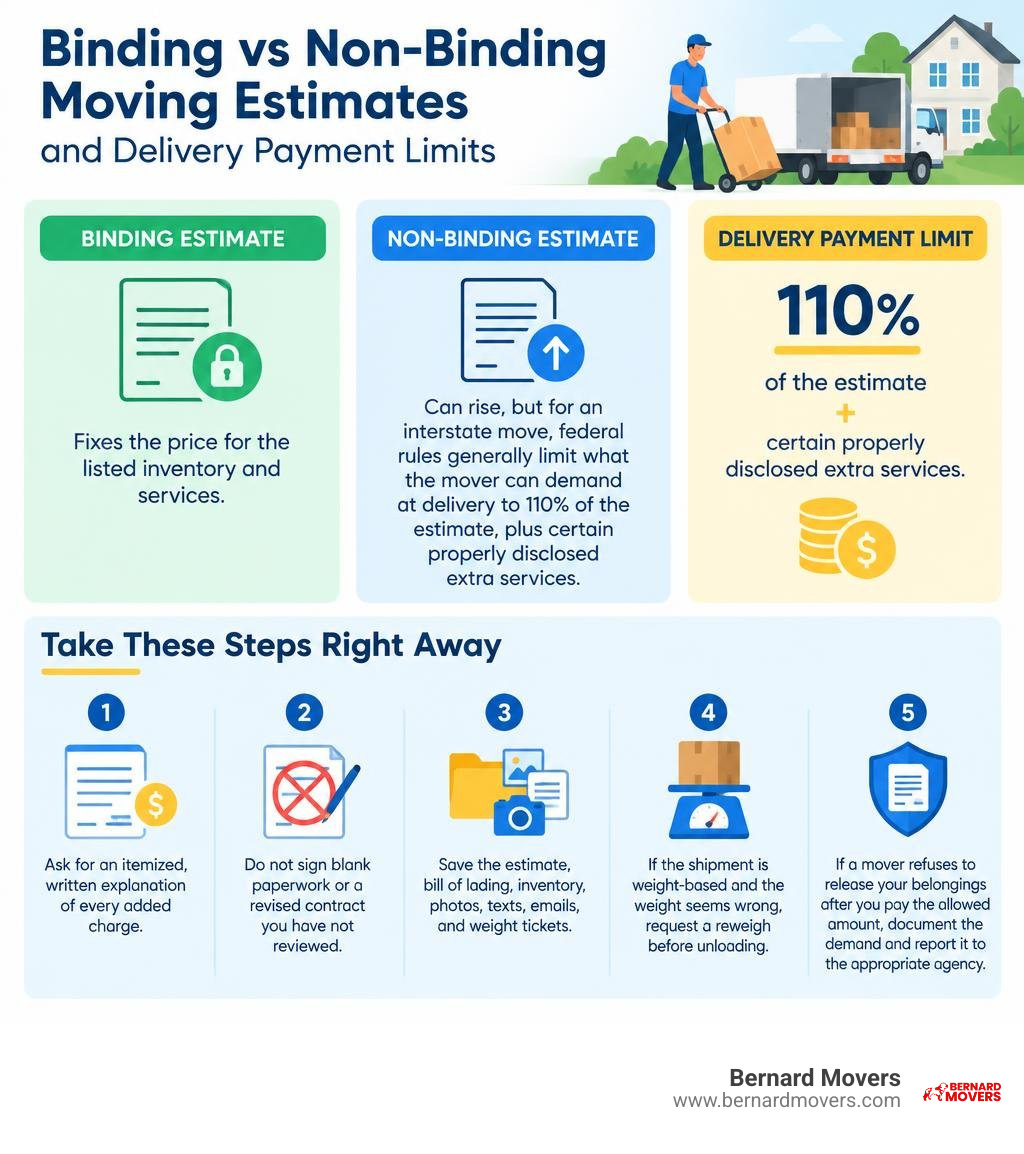 Binding vs non-binding moving estimates and delivery payment limits infographic Binding vs non-binding moving estimates and delivery payment limits infographic