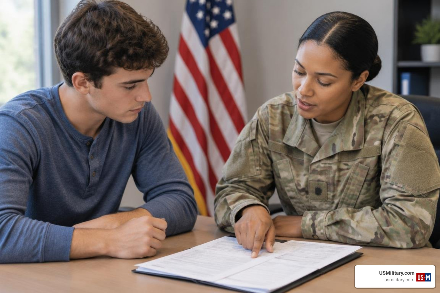 Candidate reviewing enlistment documents with an NCO Candidate reviewing enlistment documents with an NCO