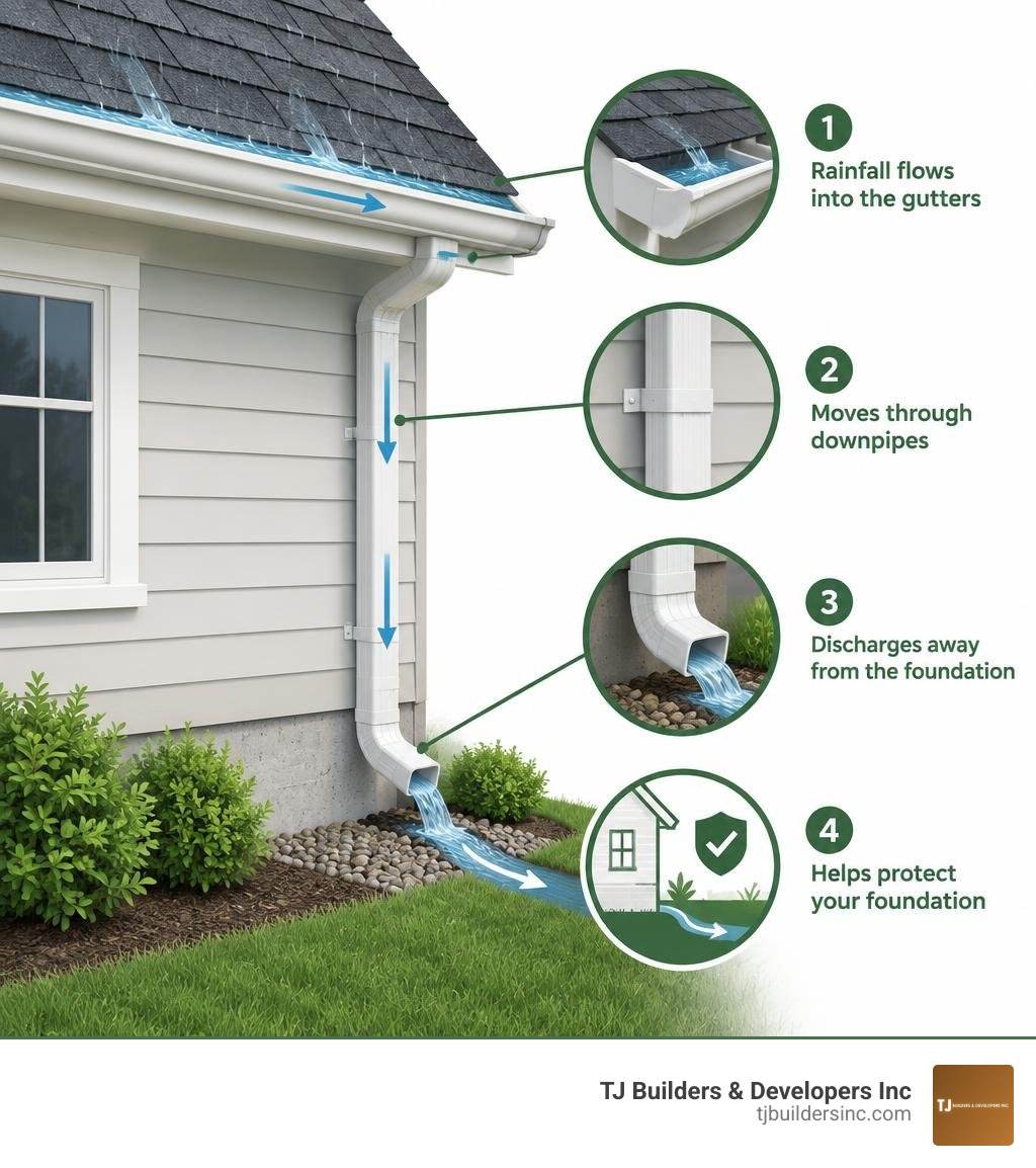 Infographic showing rainwater moving from roof gutters through downpipes away from foundation infographic Infographic showing rainwater moving from roof gutters through downpipes away from foundation infographic