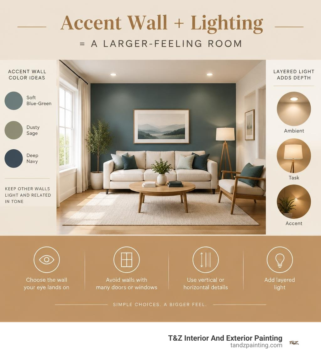 Infographic showing wall choice color and lighting for a larger-feeling room infographic Infographic showing wall choice color and lighting for a larger-feeling room infographic