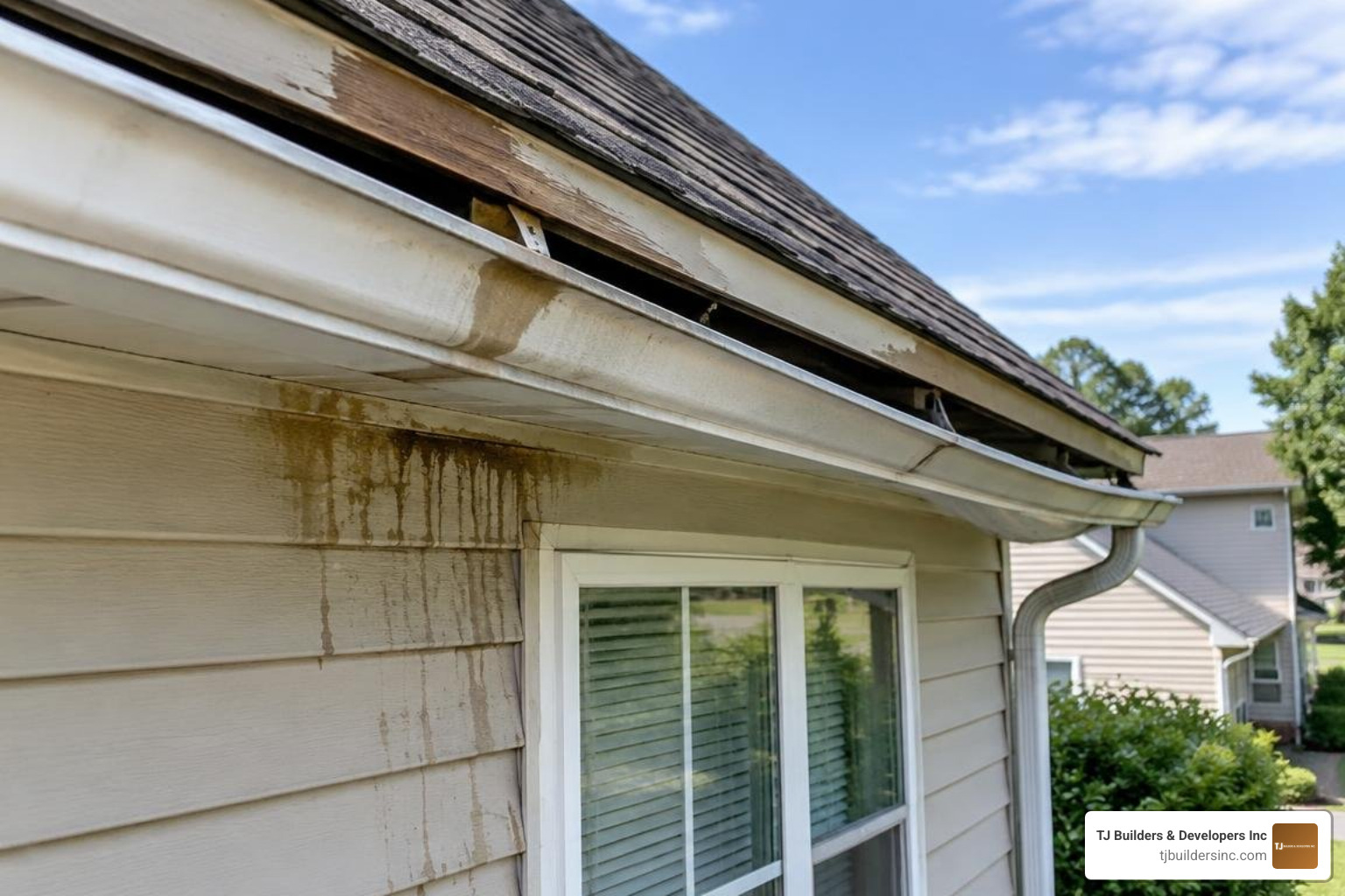 Sagging gutters pulling away from a residential fascia board with visible water stains Sagging gutters pulling away from a residential fascia board with visible water stains
