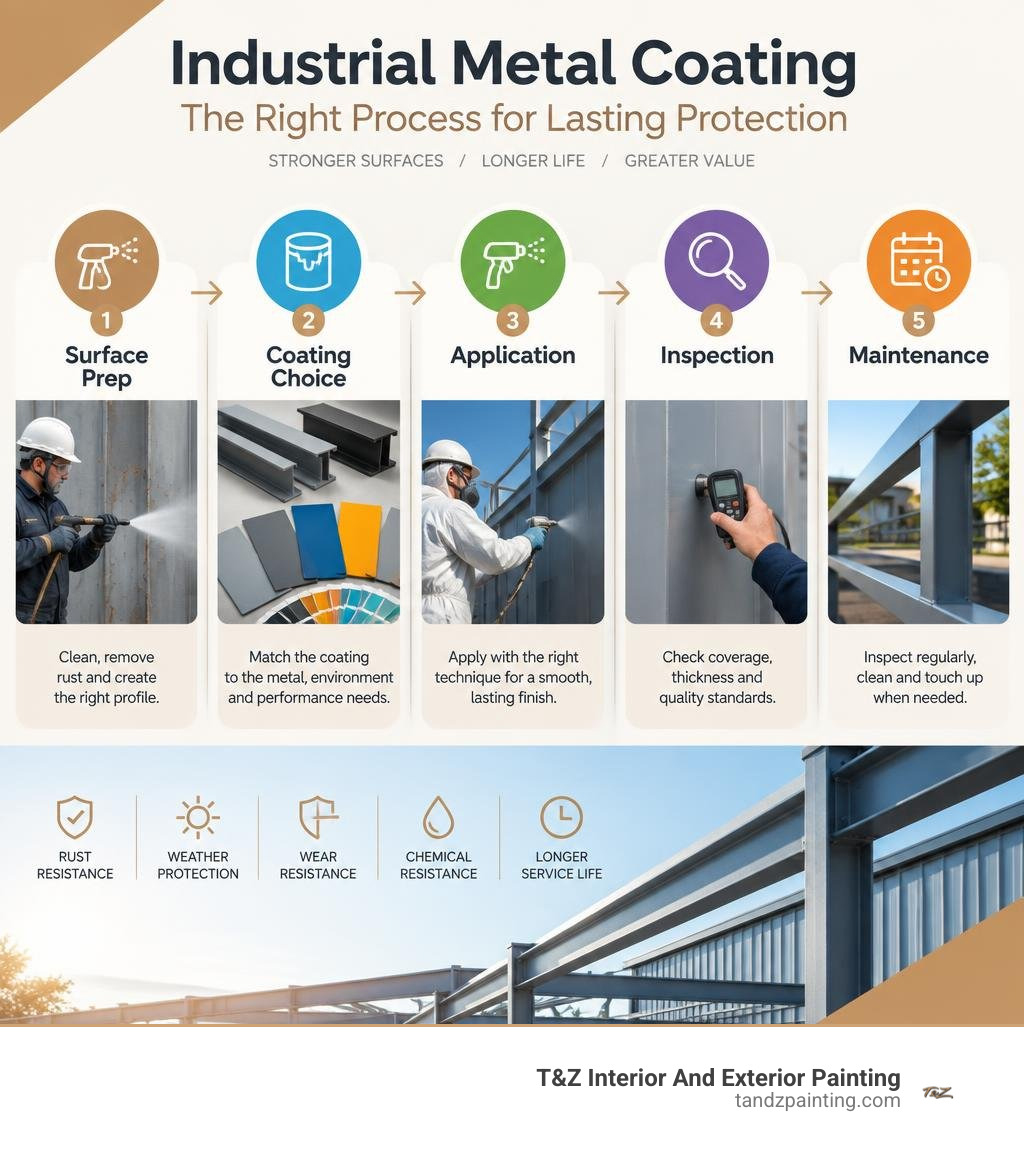 Industrial metal coating selection infographic: surface prep, coating choice, application, inspection, maintenance Industrial metal coating selection infographic: surface prep, coating choice, application, inspection, maintenance