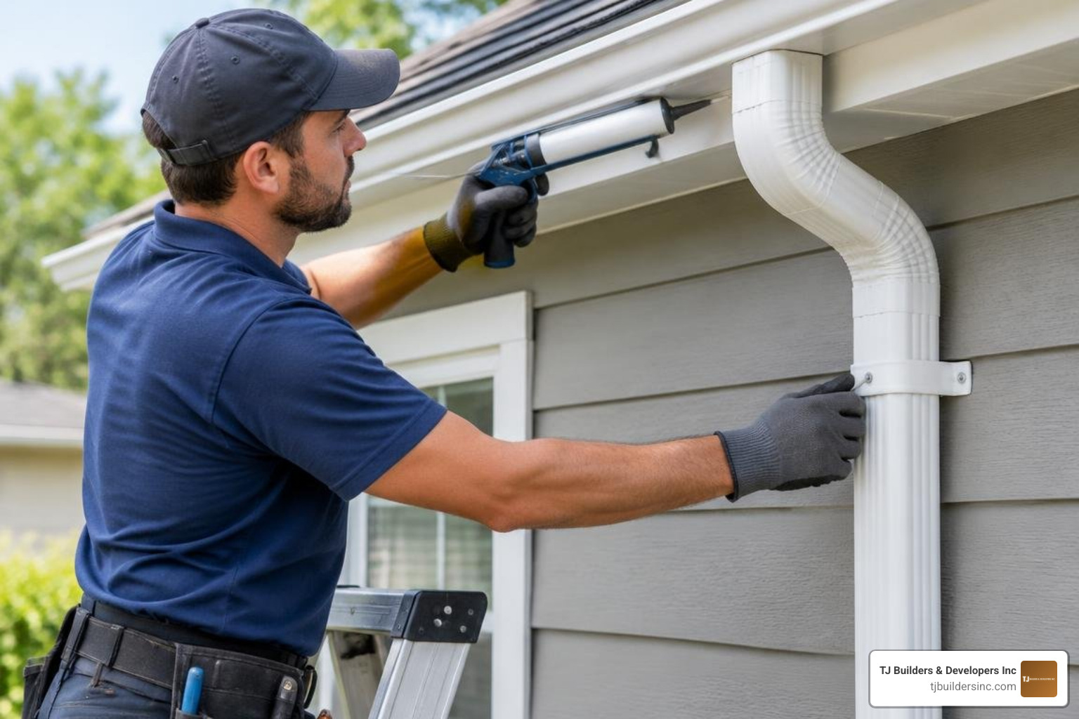 Technician sealing gutter seams and securing downpipe wall brackets on a residential home Technician sealing gutter seams and securing downpipe wall brackets on a residential home
