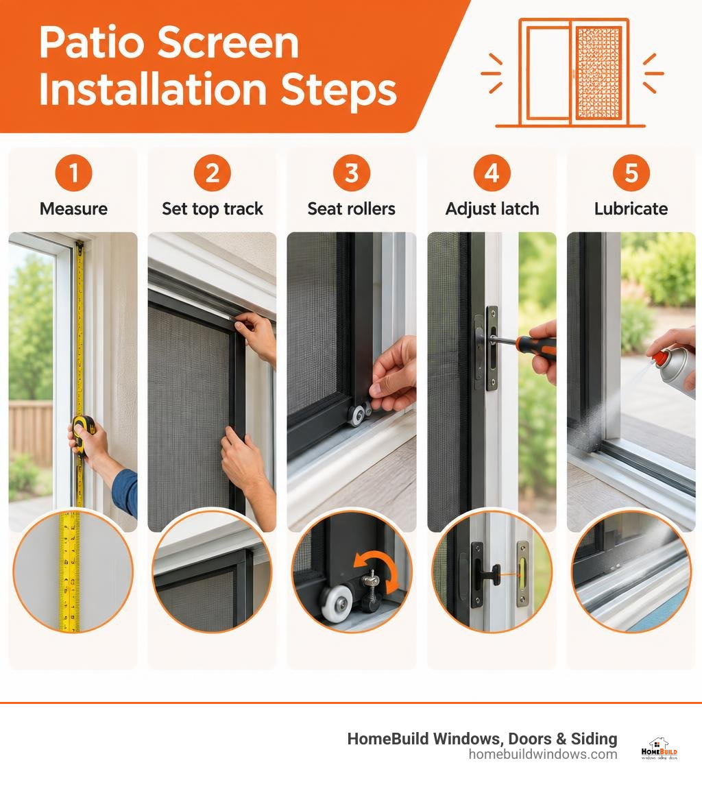 Patio screen installation steps: measure, set top track, seat rollers, adjust latch, lubricate infographic