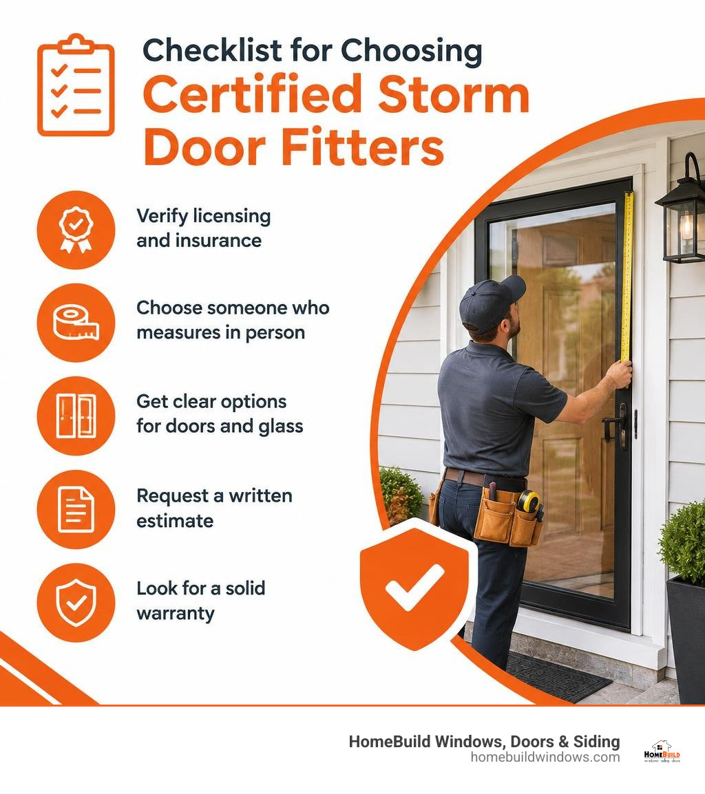 Checklist for choosing certified storm door fitters infographic