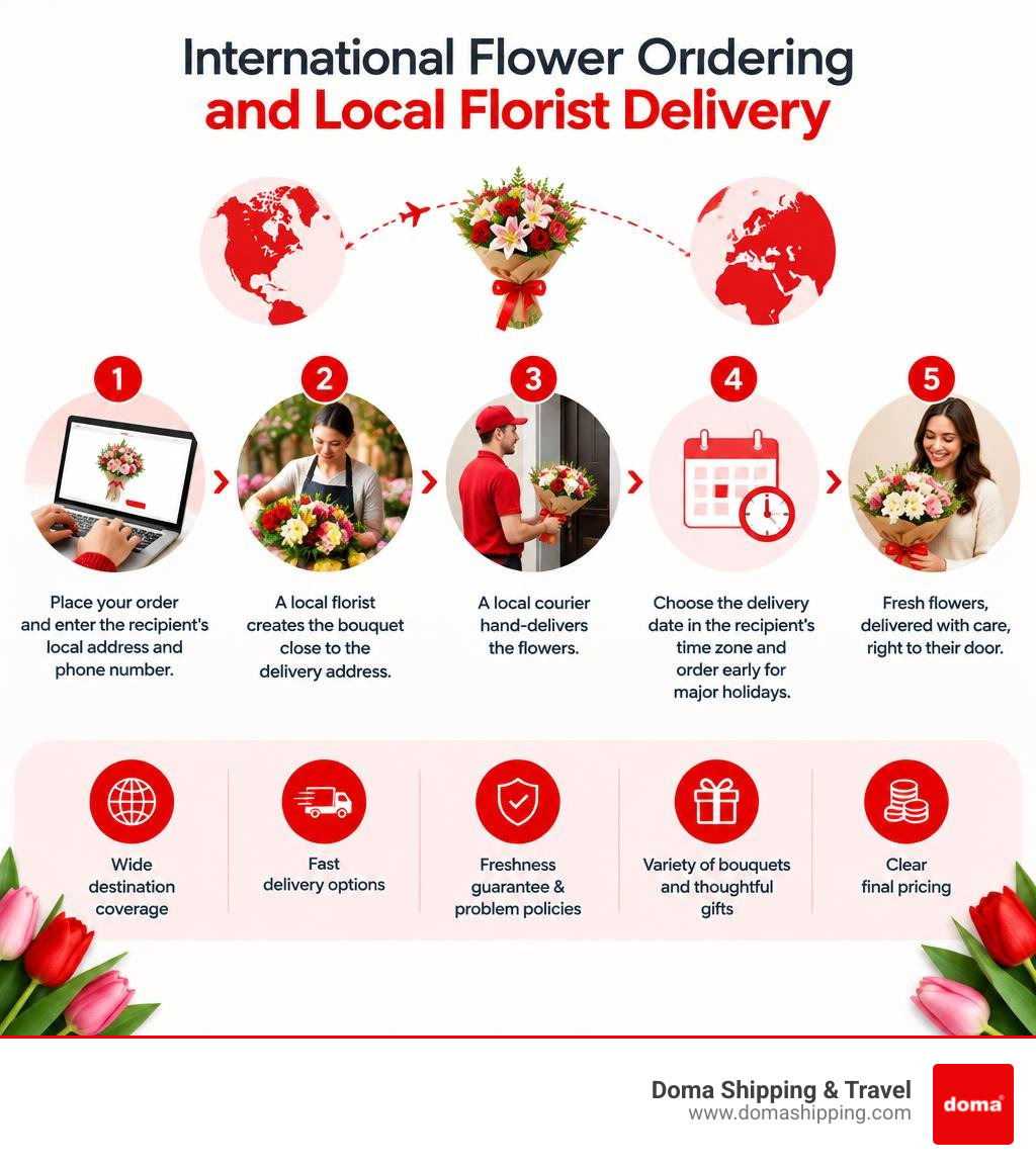 international flower ordering and local florist delivery process infographic international flower ordering and local florist delivery process infographic
