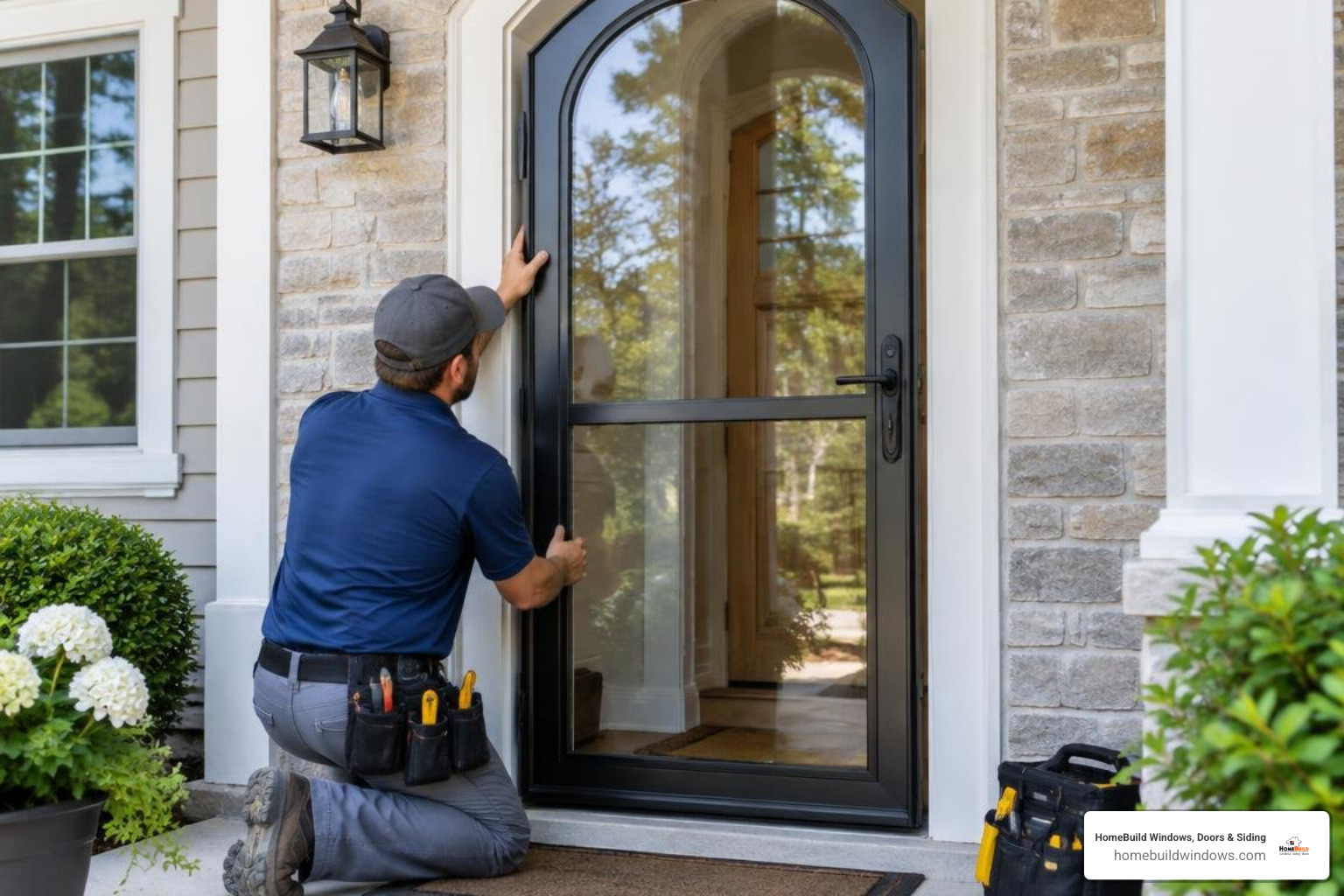 custom arched storm door installation